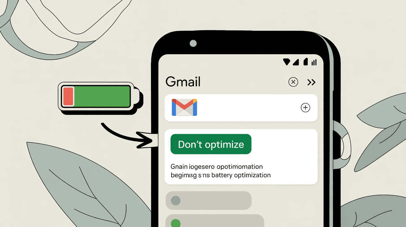 Android battery optimization settings showing Gmail app exemption from battery optimization with Don't optimize toggle